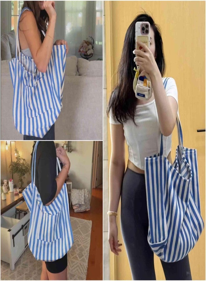 Winatehr canvas tote bag for women, beach striped medium size shoulder bag with pocket, college everyday casual tote bag for work - Image 2